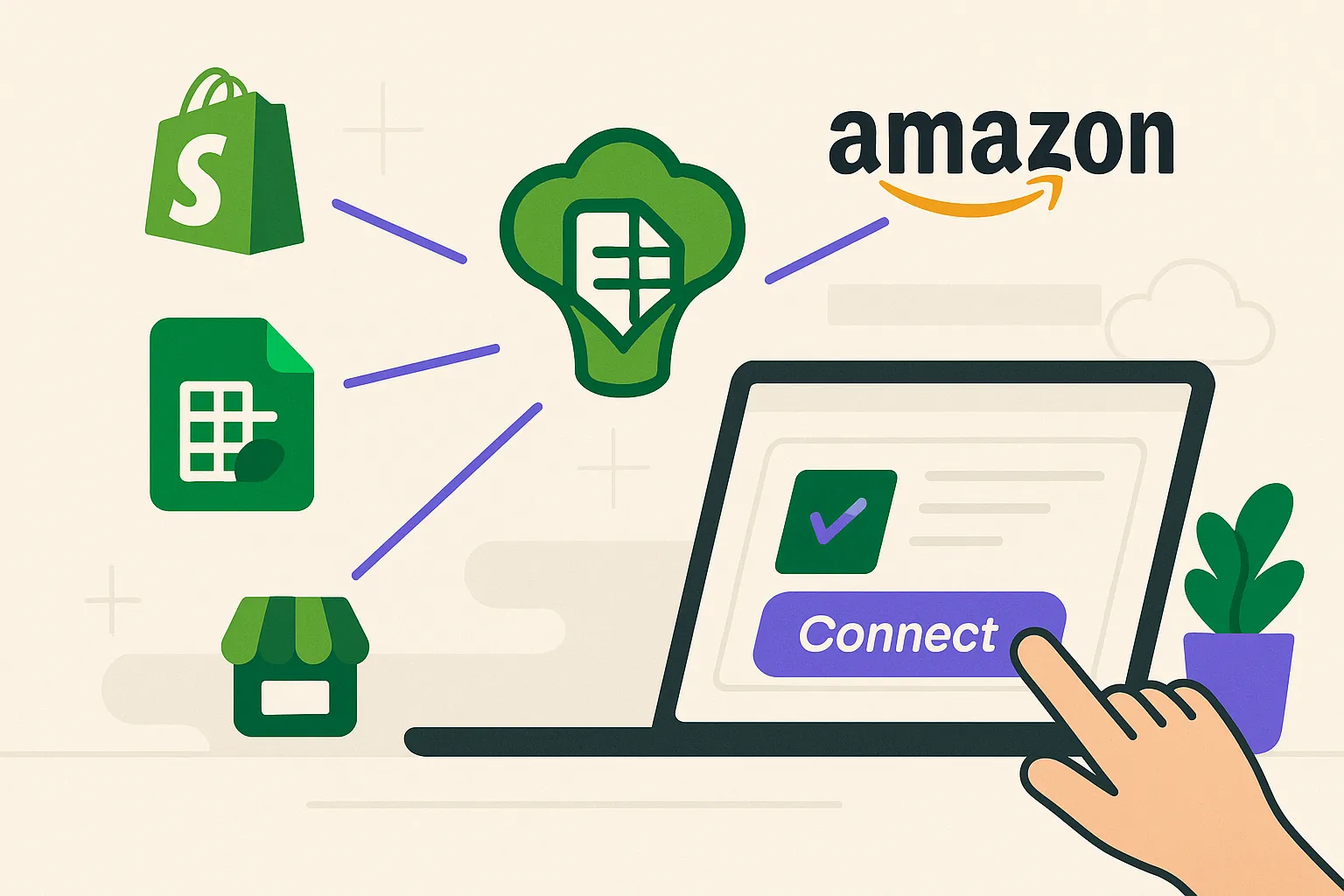 Screenshot of the connector selection screen showing various platforms like Shopify, Stripe, and Amazon