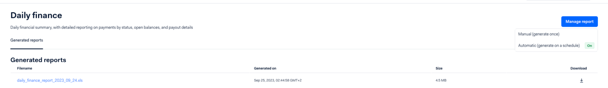 Adyen Customer Area showing the report generation interface with options for automatic and manual report creation