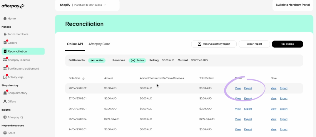 Afterpay Business Hub Settlements section showing settlement reports with payout dates and amounts