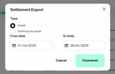 Afterpay Business Hub showing the settlement report download dialog with CSV export options