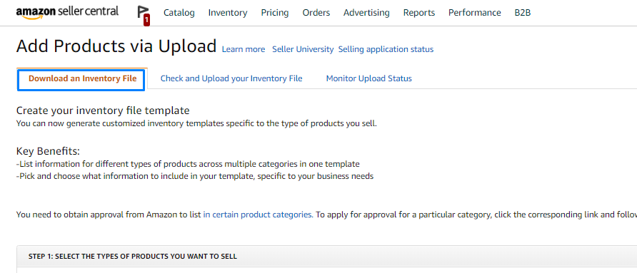 Amazon Seller Central Add Products via Upload page with the Download an Inventory File tab selected, showing Create your inventory file template section