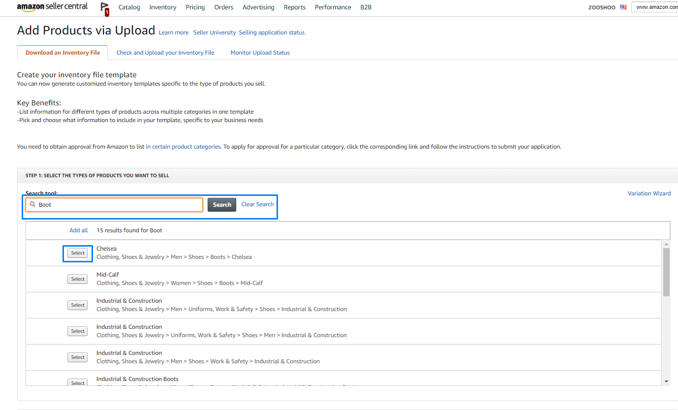 Amazon Seller Central product category search tool showing search results for a product type with Select buttons next to each category in the hierarchy