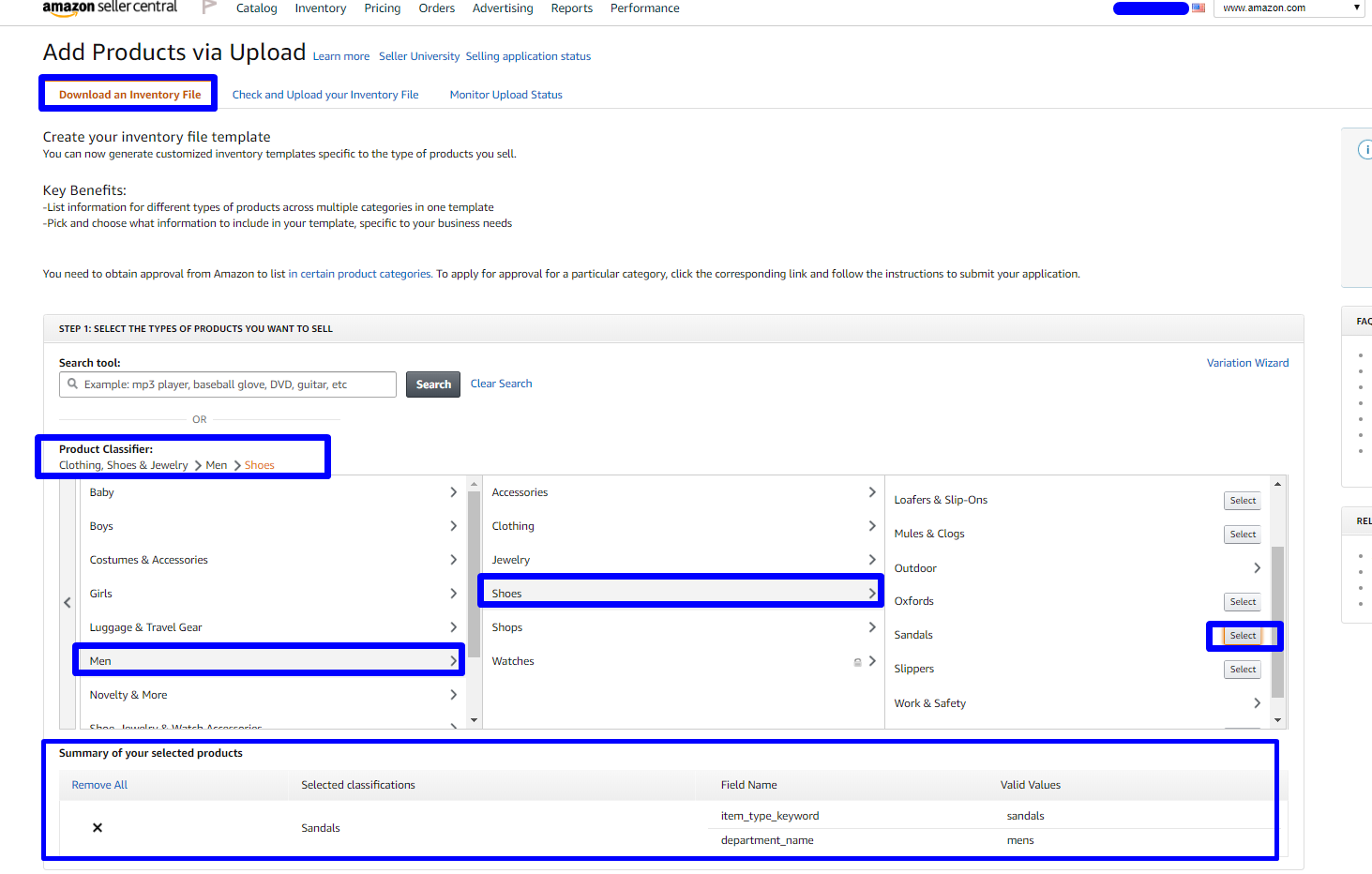 Amazon Seller Central Add Products via Upload page showing Product Classifier with category tree navigation for Clothing, Shoes, and Jewelry, and Summary of selected products section at bottom showing Sandals classification