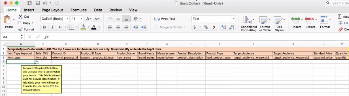 Amazon flat file template opened in Microsoft Excel showing column headers including Item Type Keyword, Seller SKU, Product ID, Product Name, Brand Name, Manufacturer, and Standard Price