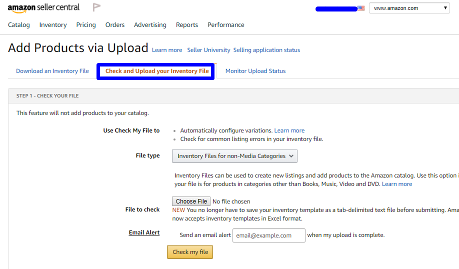 Amazon Seller Central Check and Upload your Inventory File tab showing file type selection, Choose File button, email alert field, and Check my file button
