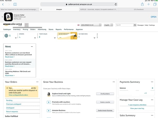 Amazon Seller Central homepage dashboard showing navigation bar with Inventory, Pricing, Orders, Advertising, Reports, and Performance menus