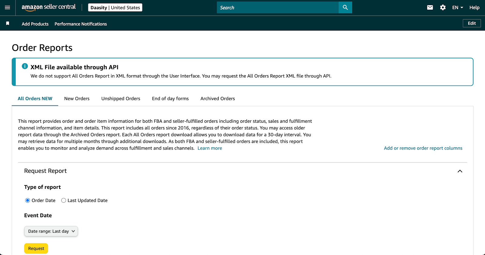 Amazon Seller Central Order Reports page showing All Orders NEW tab selected with report type options, date range selector, and Request button