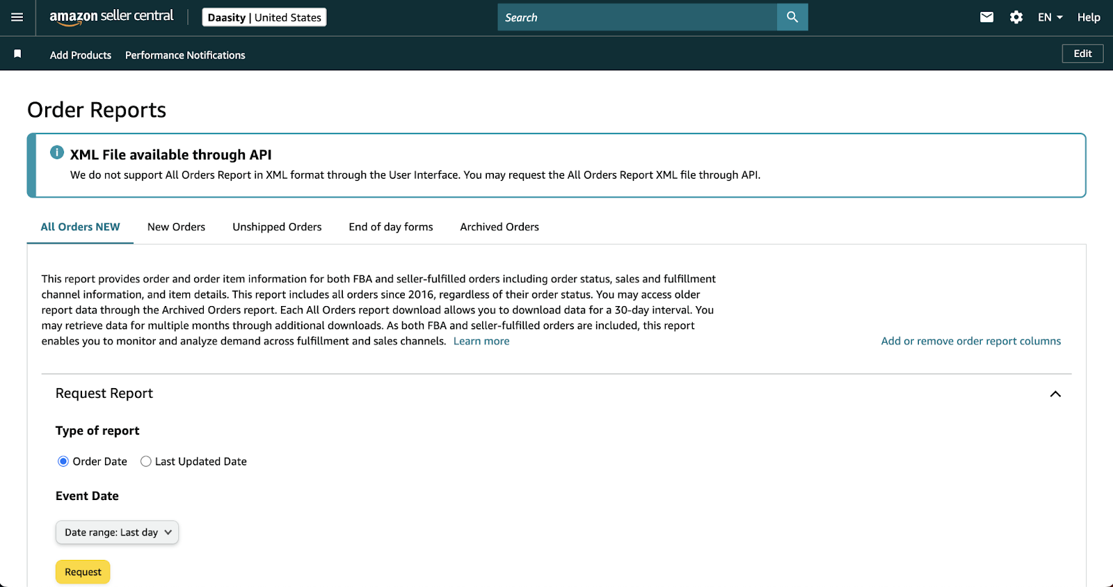 Amazon Seller Central Order Reports page showing Request Report section with Type of report radio buttons for Order Date and Last Updated Date, and Event Date range dropdown