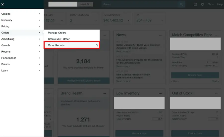 Amazon Seller Central side navigation with Orders menu expanded showing Manage Orders, Create MCF Order, and Order Reports options highlighted