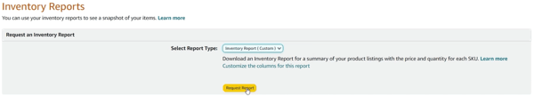 Amazon Seller Central Inventory Reports page showing the Request Report button and the Check Report Status and Download section below