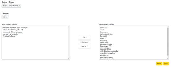 Amazon Seller Central Inventory Reports attribute customization panel with Available Attributes on the left, Add and Remove buttons in the center, and Selected Attributes on the right
