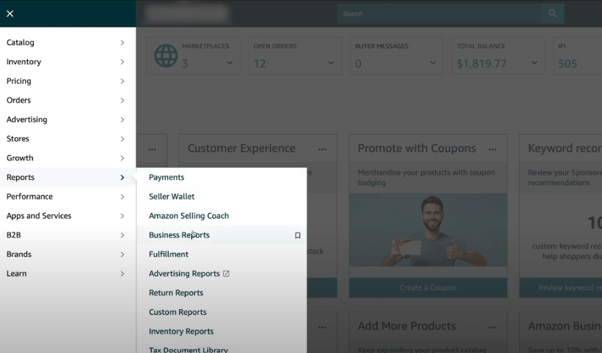 Amazon Seller Central side menu with Reports expanded showing Payments, Seller Wallet, Business Reports, Fulfillment, and Inventory Reports options