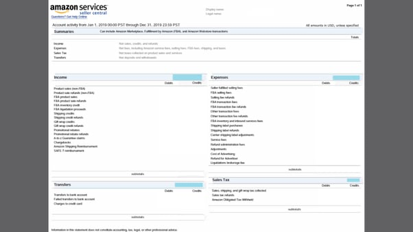Amazon Services Seller Central statement summary page showing Income, Expenses, Sales Tax, and Transfers sections with Debits and Credits columns