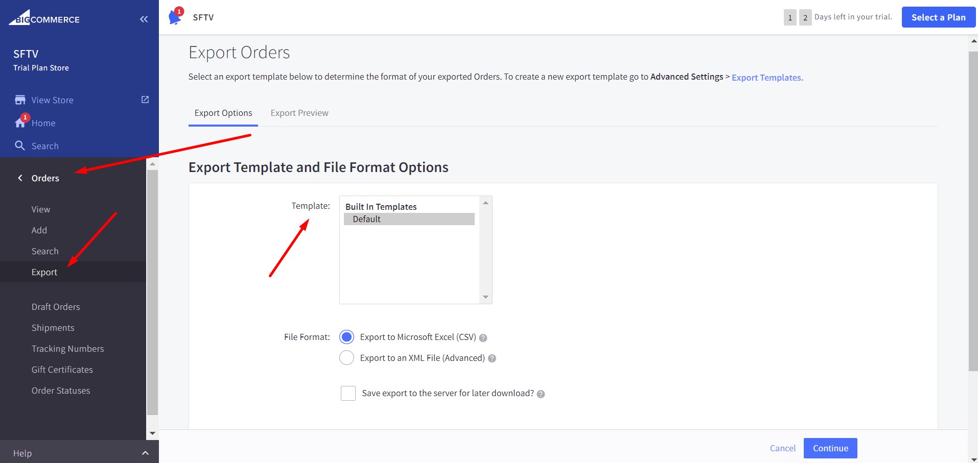 BigCommerce admin showing the order export template selection dropdown with available export templates