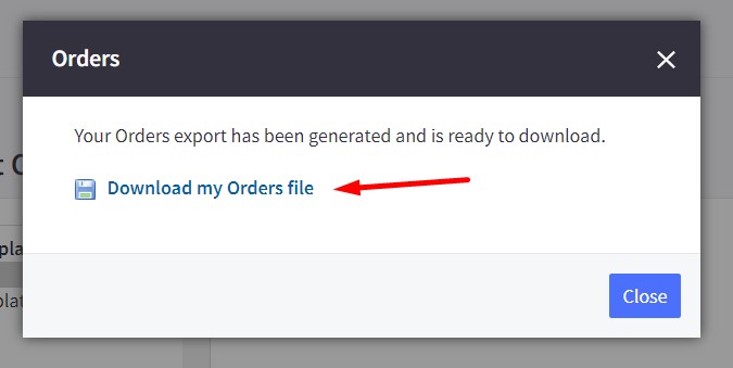 BigCommerce export complete page showing the Download my Orders file link