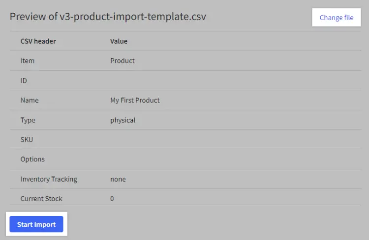 BigCommerce import review and confirm screen before starting the import