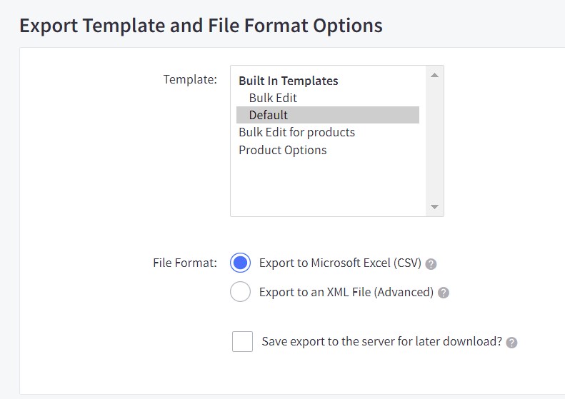 BigCommerce admin Products page showing the Export button at the top of the product list