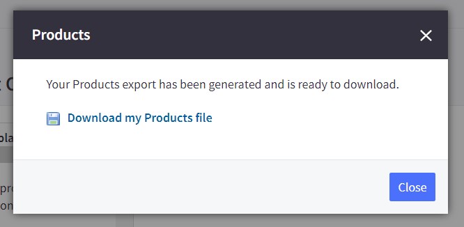 BigCommerce export complete page showing the Download my Products file link