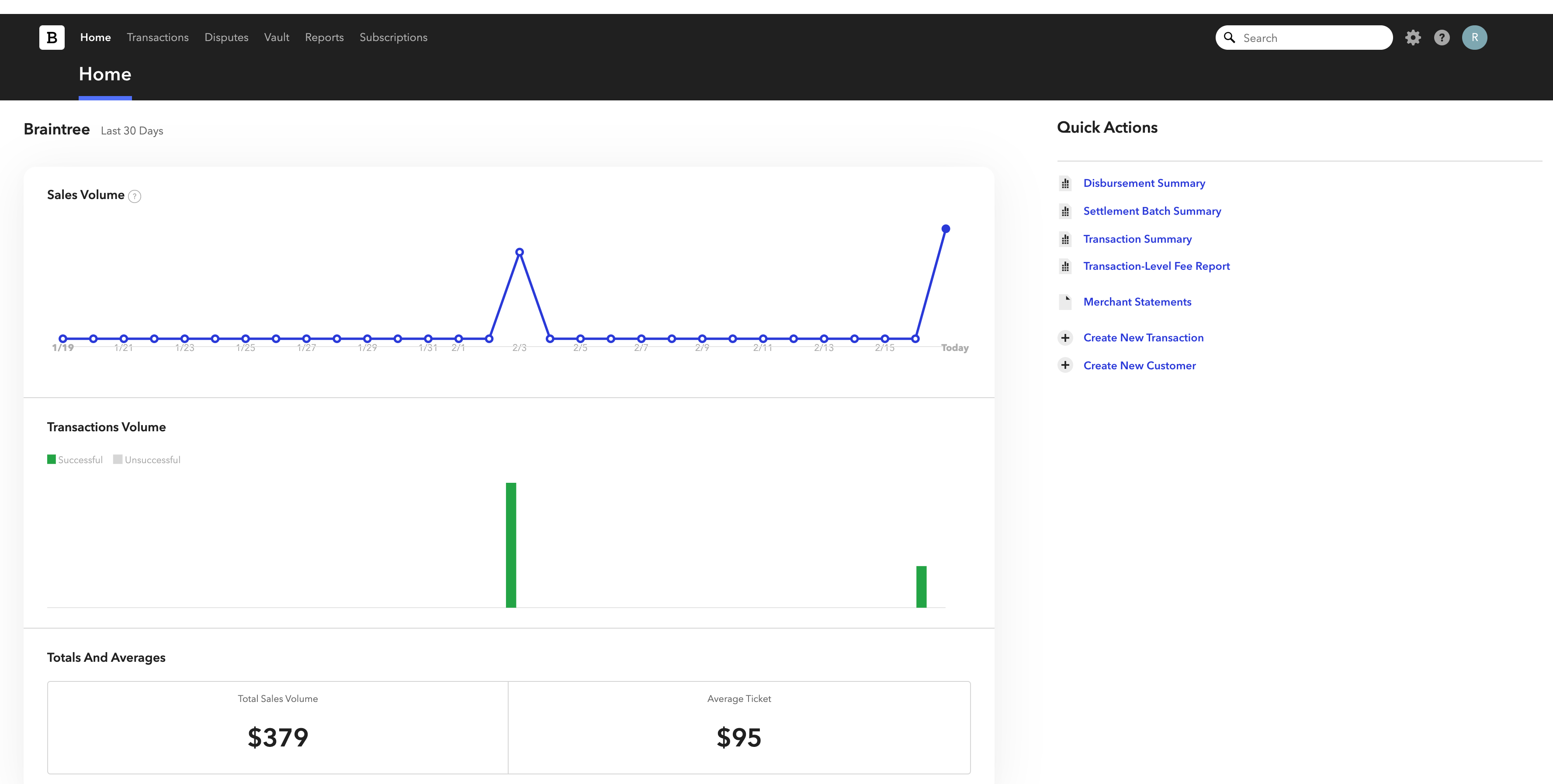 Braintree Control Panel dashboard showing the main navigation with Transactions, Subscriptions, and Vault sections