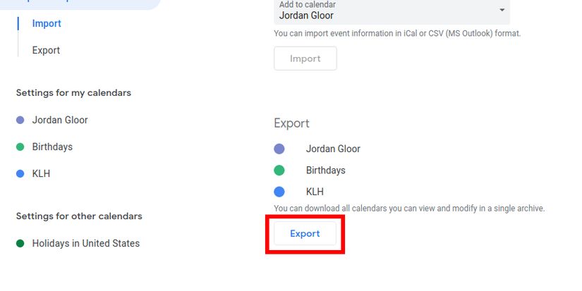 Google Calendar Settings showing Import and Export section with the Export button highlighted