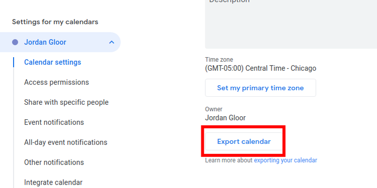 Google Calendar individual calendar settings page showing the Export calendar button