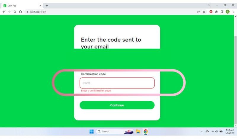 Cash App web login page showing the sign-in interface on a desktop browser