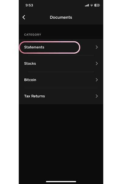 Cash App mobile Documents screen showing Statements category selected with Stocks, Bitcoin, and Tax Returns options