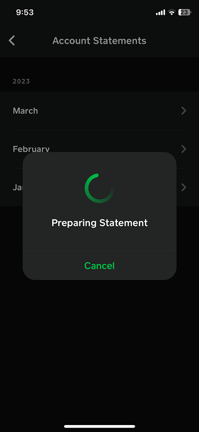 Cash App preparing statement screen showing the download progress indicator