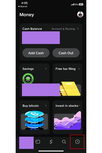 Cash App transaction history screen showing a list of recent payments and transfers