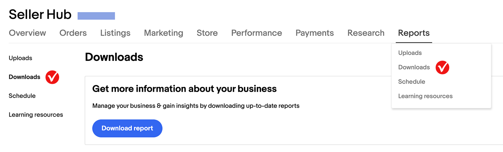 eBay Seller Hub Reports Downloads page showing the Download report button and recent downloads list