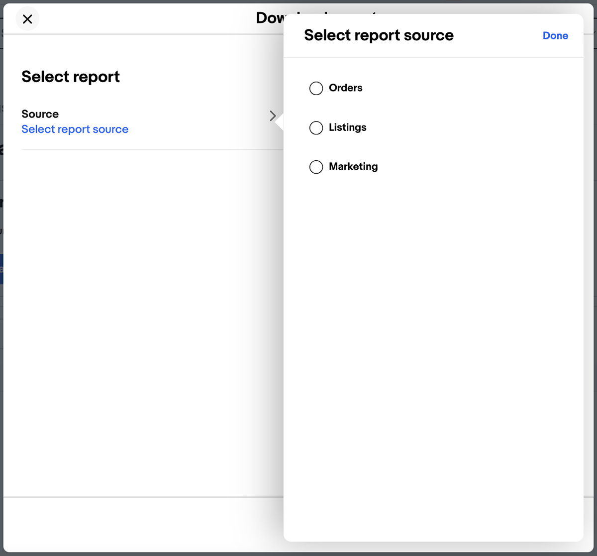 eBay report source selection dialog showing Orders, Listings, and Marketing as available report types
