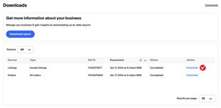 eBay recent downloads list showing completed reports available for download