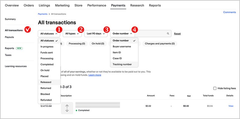 eBay All transactions page showing transaction list with status, type, and date filter options