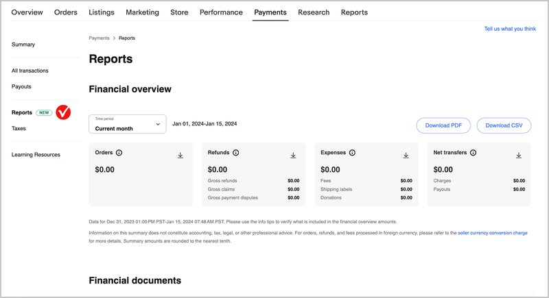 eBay Payments Reports page showing Financial overview with Orders, Refunds, Expenses, and Net transfers summary and Download PDF and Download CSV buttons