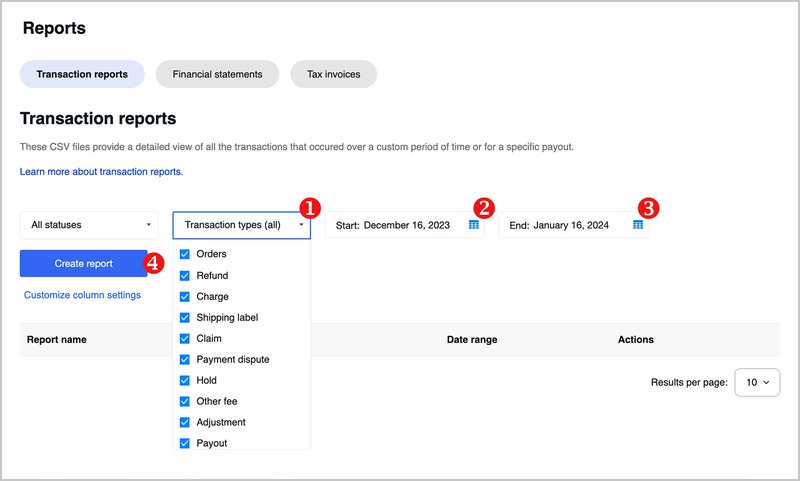eBay transaction report configuration showing report type selection, date range fields, and Create report button