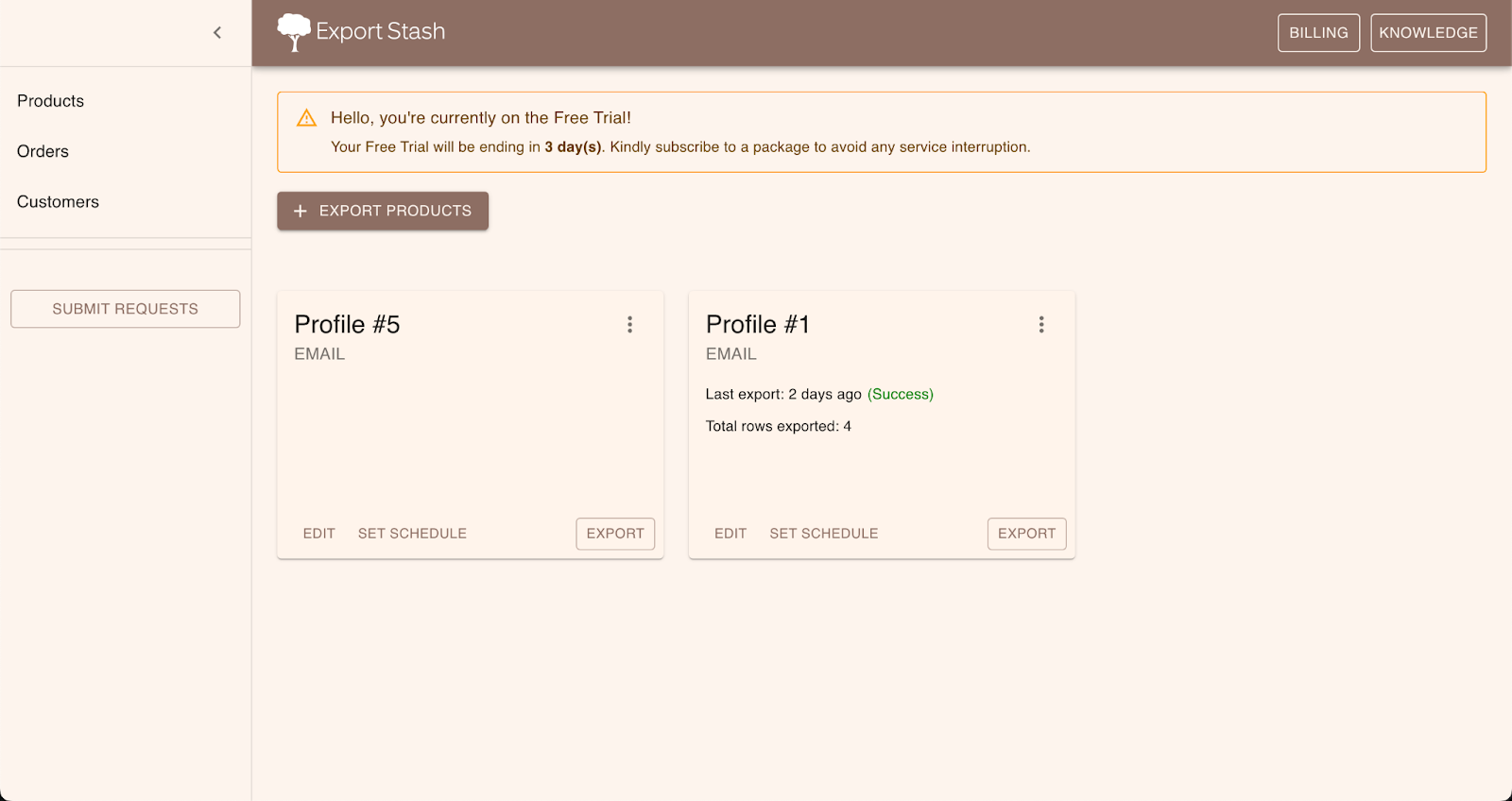 Ecwid admin panel Catalog Products page showing the product list with names, prices, SKUs, and stock levels