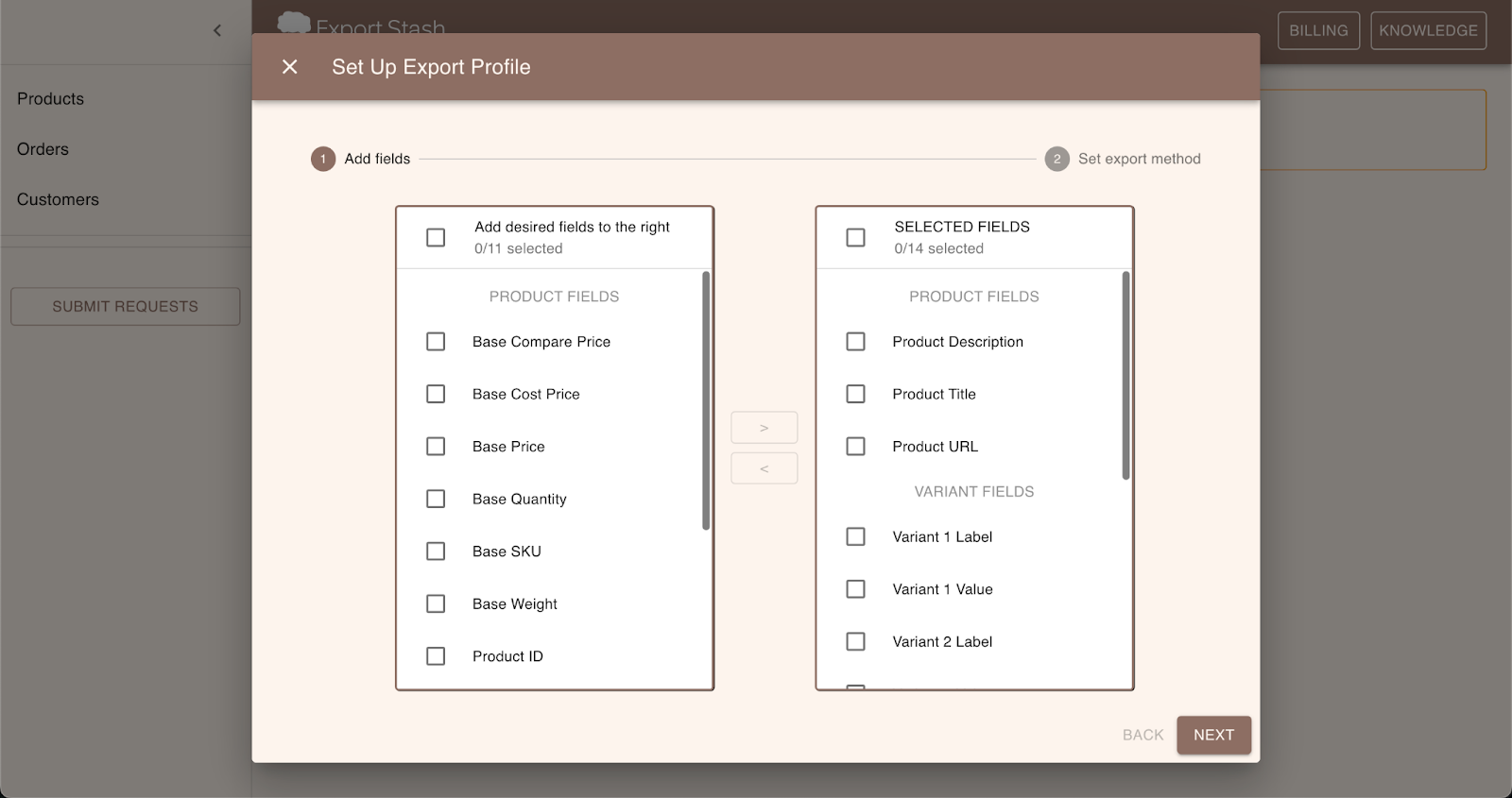 Ecwid product export interface showing the Export All button and export options