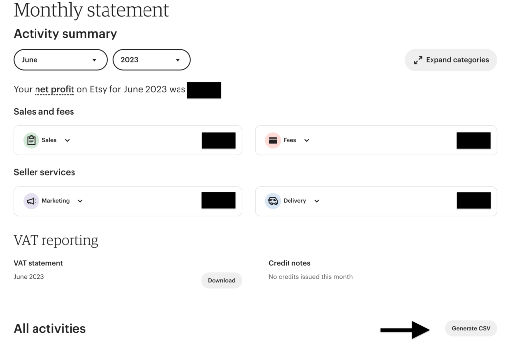 Etsy monthly statement page showing the Generate CSV button at the top of the statement summary