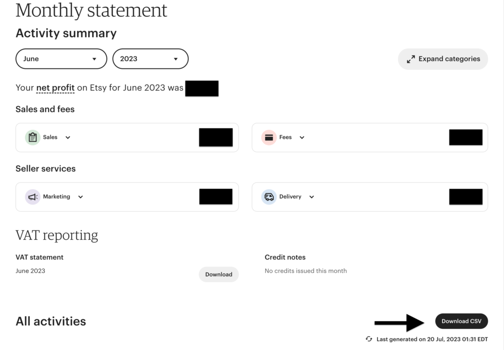 Etsy monthly statement page with the Download CSV button highlighted, indicating the file is ready