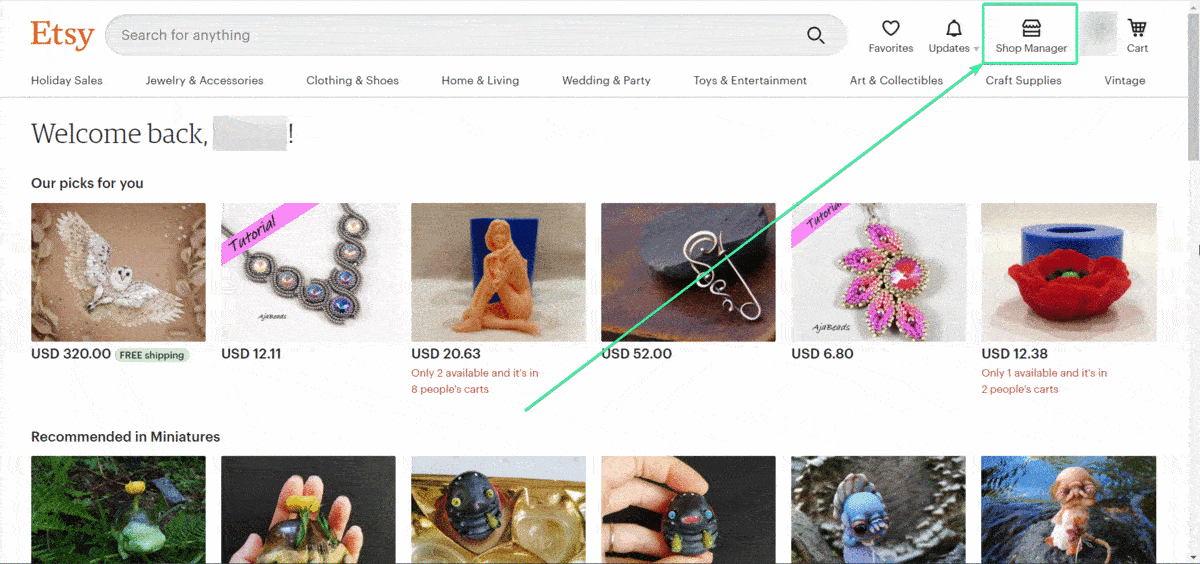 Etsy homepage with the Shop Manager icon highlighted in the top-right navigation bar