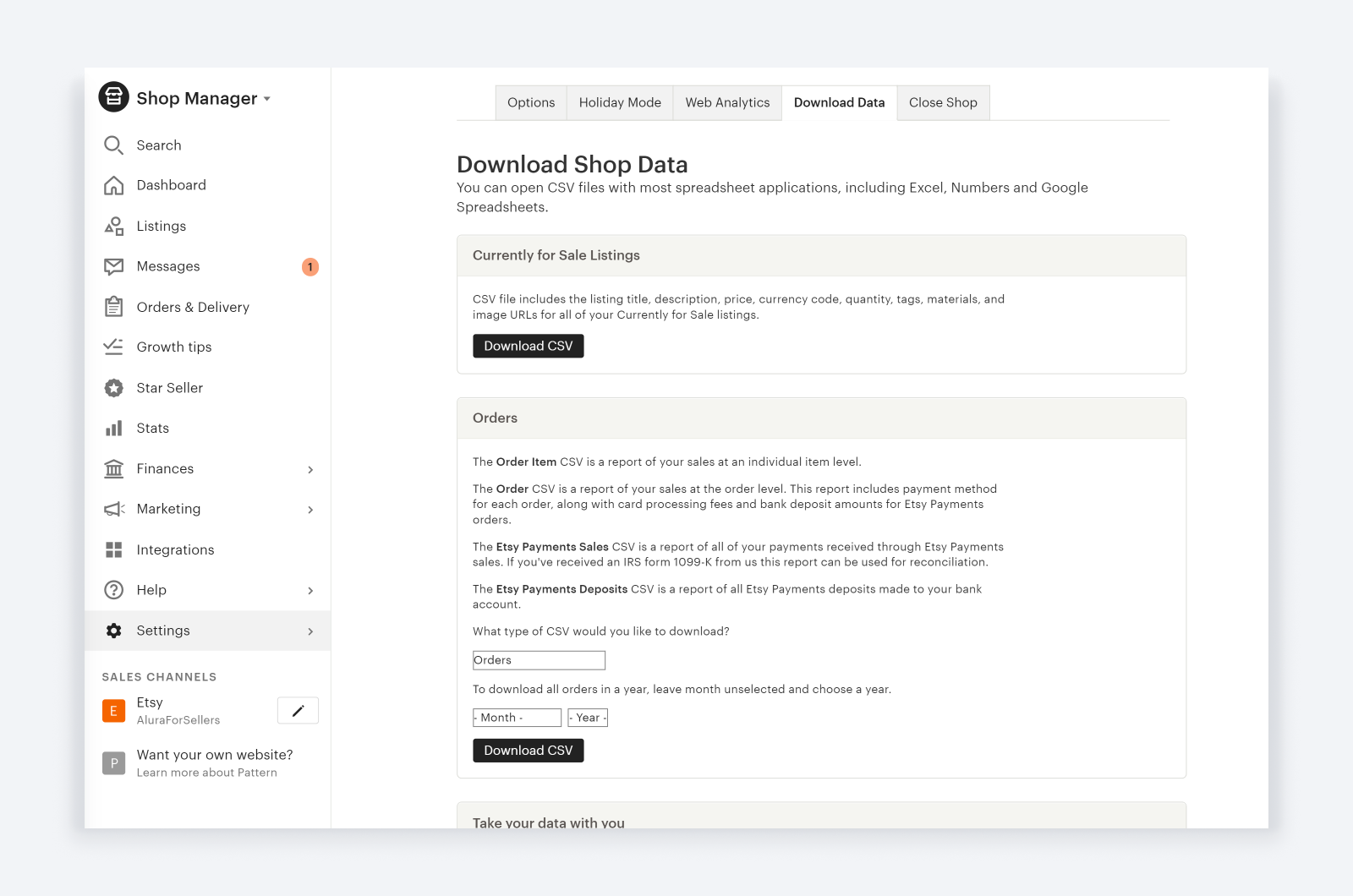 Etsy Shop Manager Download Data page showing Currently for Sale Listings and Orders sections with CSV Type dropdown and Download CSV button