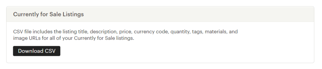 Etsy Currently for Sale Listings section with a Download CSV button to export active product listings