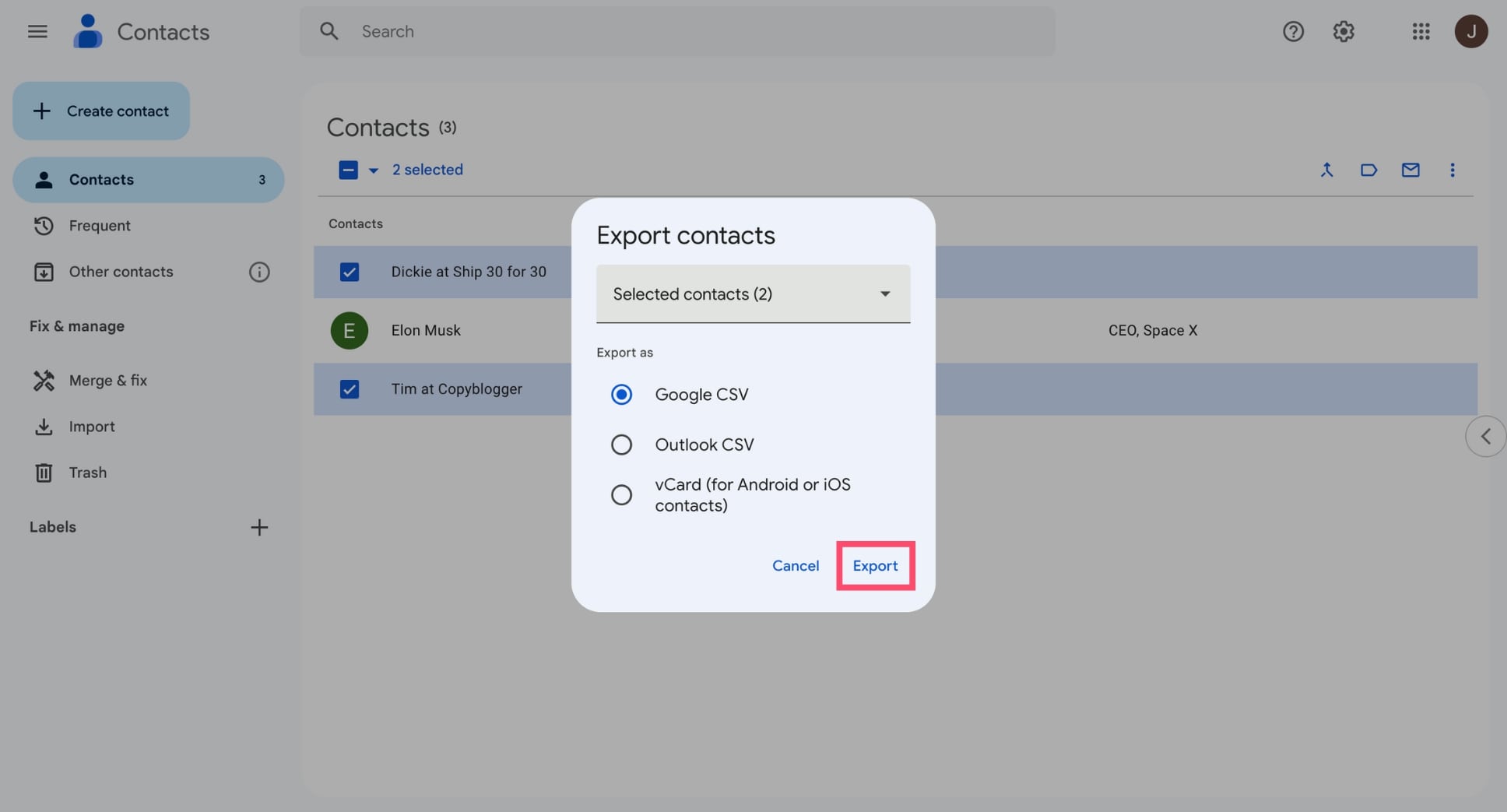 Google Contacts export dialog with the Export button ready to be clicked to download the CSV file