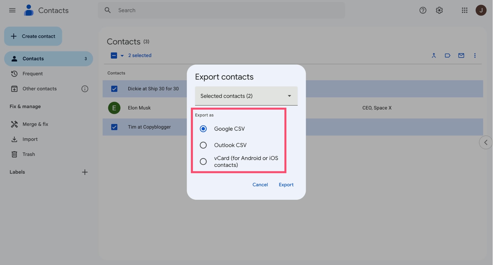 Google Contacts export dialog showing vCard format option alongside Google CSV and Outlook CSV