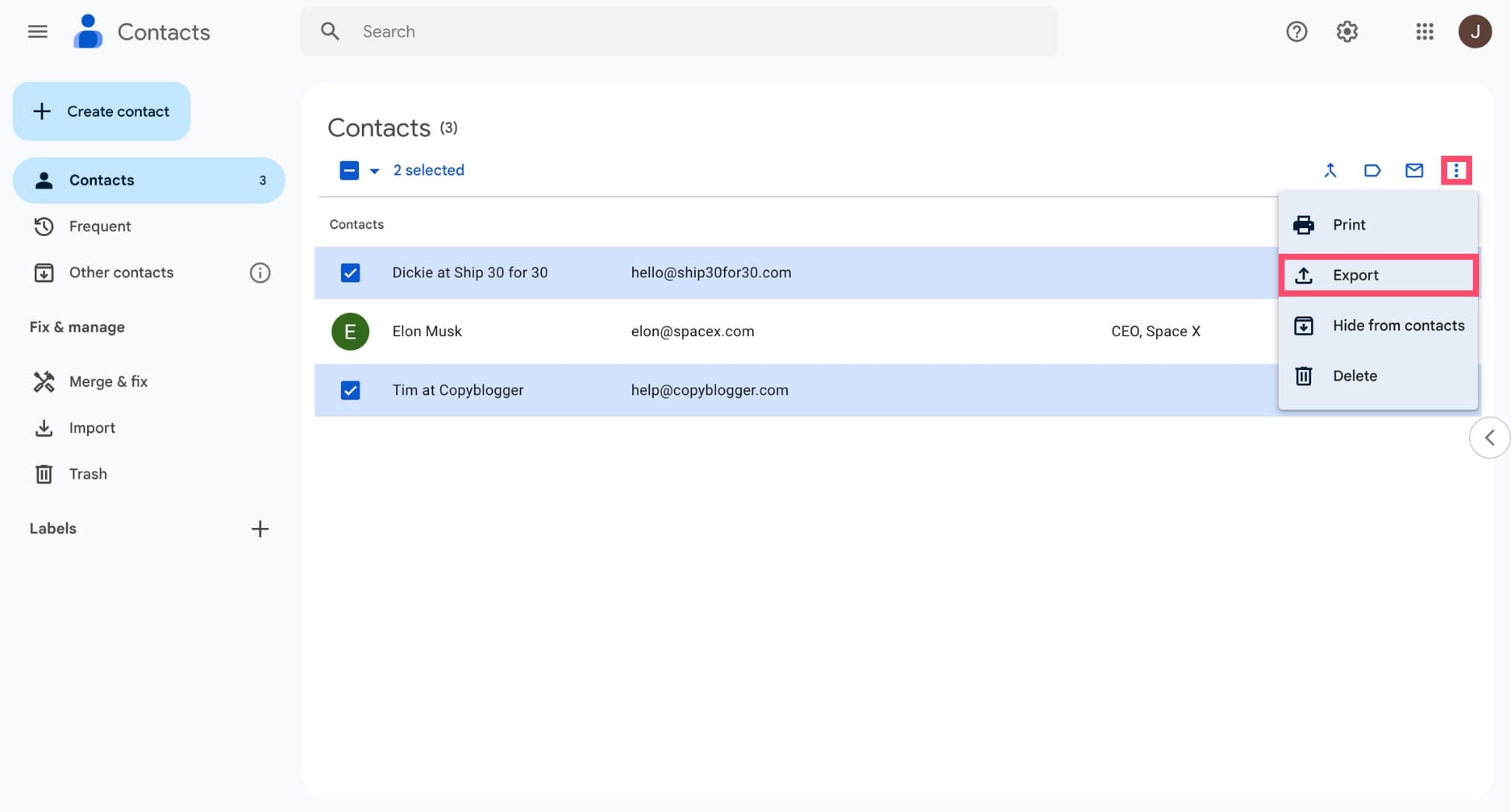 Google Contacts list with checkboxes next to contacts for selecting which ones to export