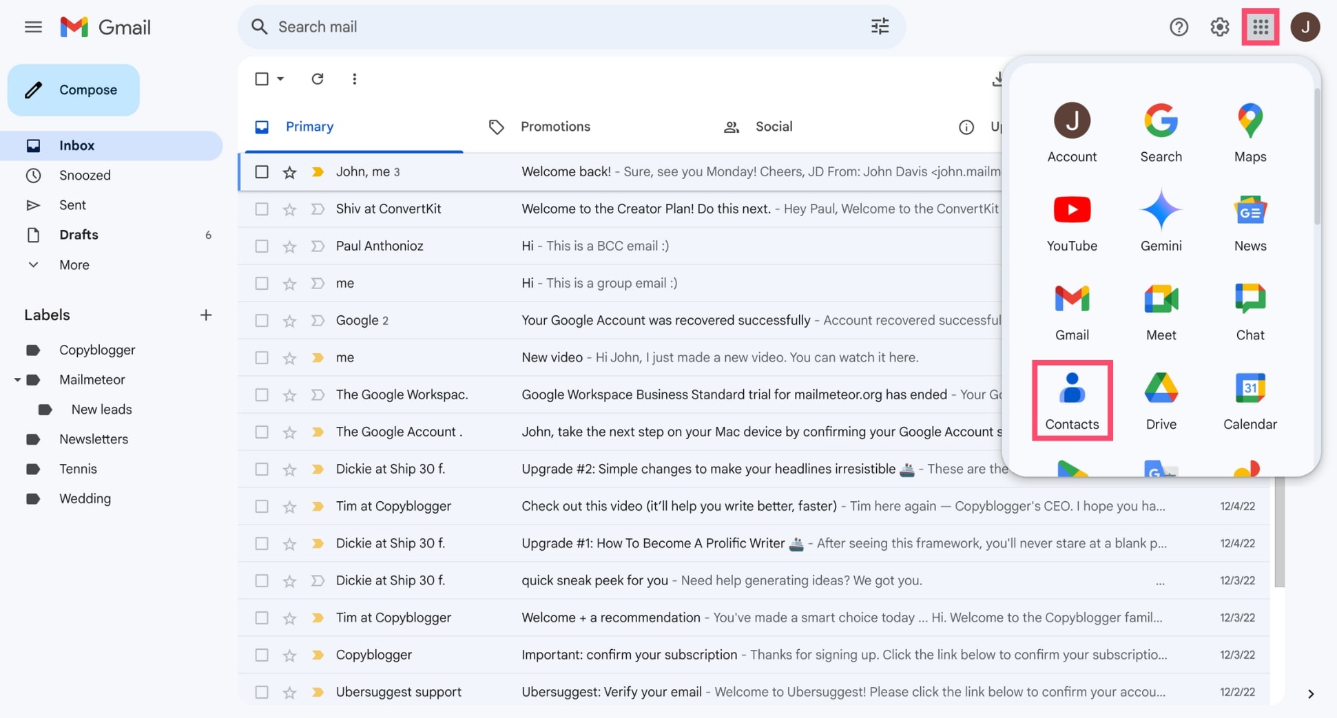 Google Contacts interface accessed from the Google Apps grid menu showing the contacts list