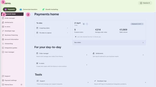 Klarna Merchant Portal overview showing the main dashboard areas including Payments, Settlements, and Orders sections