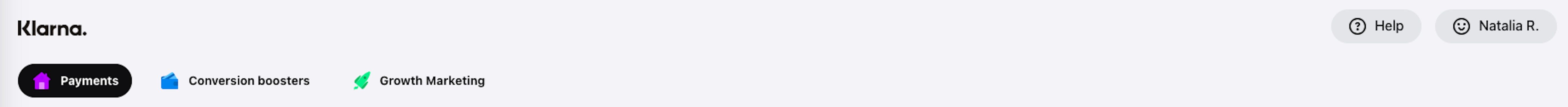 Klarna Merchant Portal top navigation bar showing the Payments section with settlement options