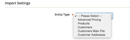 Magento 2 Import page with Entity Type dropdown set to Products