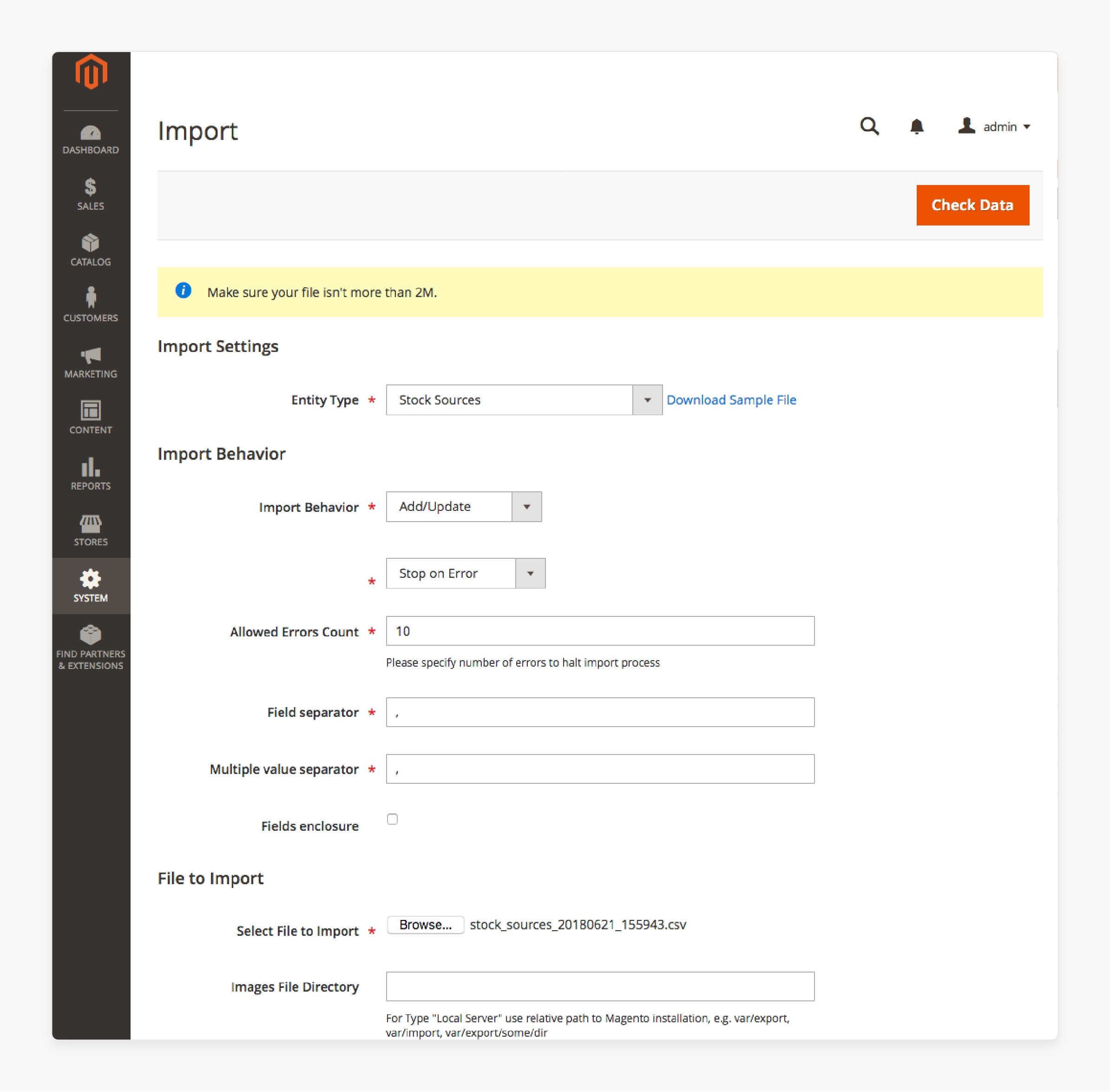 Magento 2 import configuration page with file upload and behavior settings
